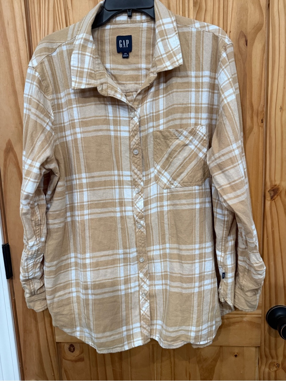 GAP Women's Tan and White Plaid Button-Down Shirt